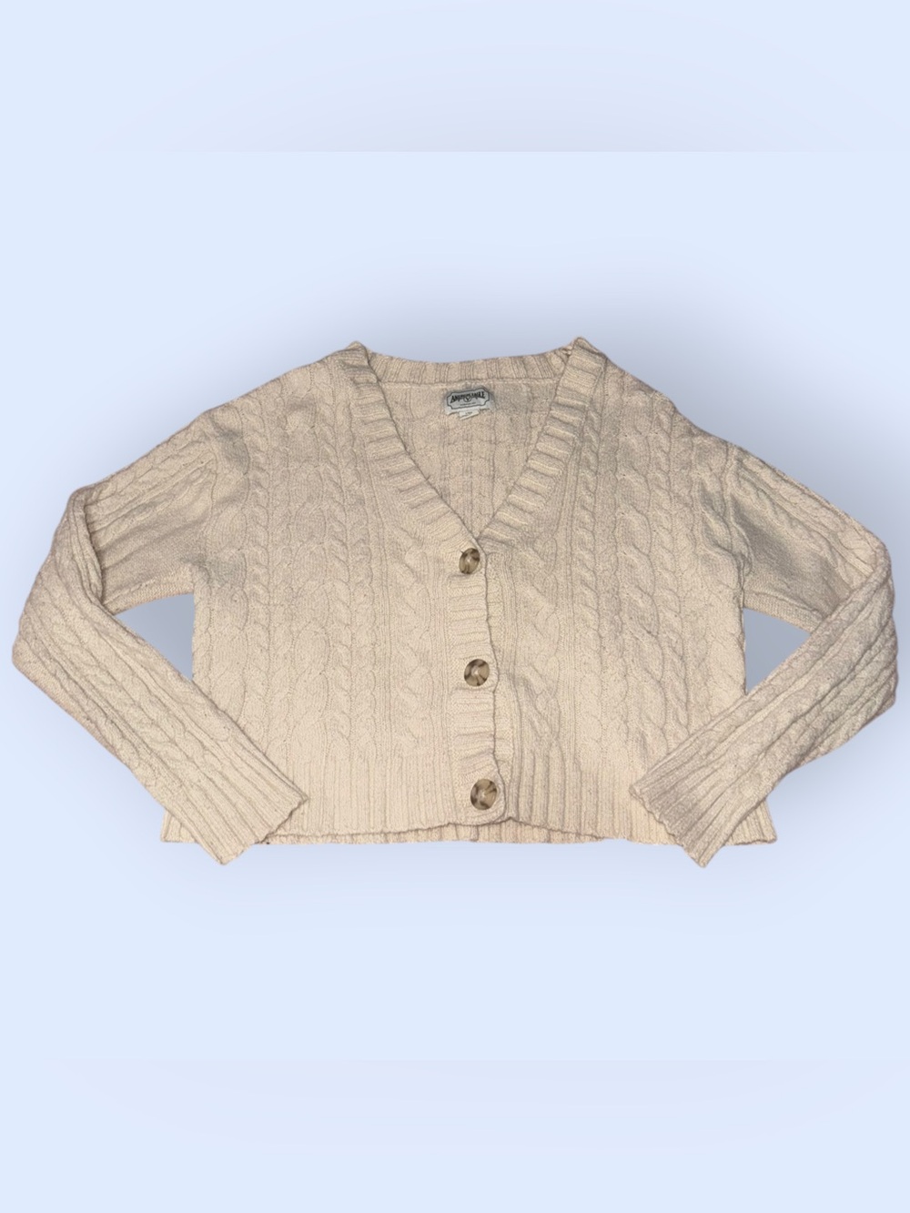 American Eagle Cream Cable Knit Cropped Cardigan Sweater